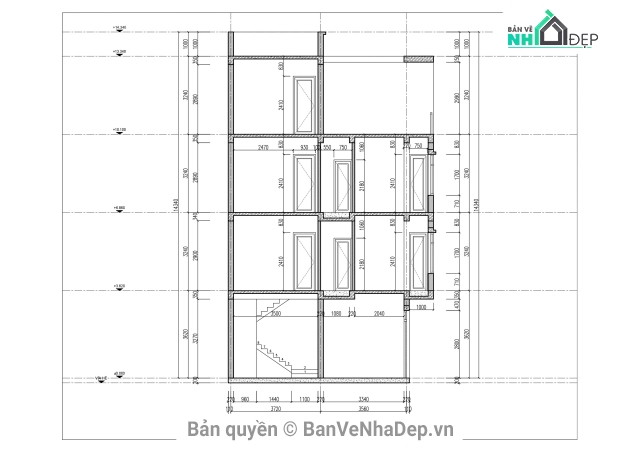 Trọn bộ 10 bản vẽ CAD Nhà phố 4 tầng (Kiến trúc, kết cấu, điện nước)