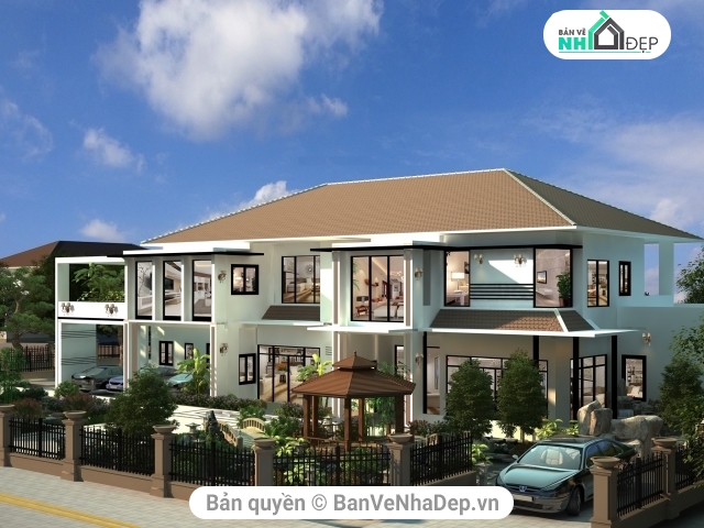 Cad Biệt thự 2 tầng 14.3x32.6m,bản vẽ Biệt thự 2 tầng,File CAD Biệt thự 2 tầng,Bản vẽ biệt thự 2 tầng