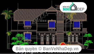 biệt thự mái thái,biệt thự 2 tầng,biệt thự đẹp 2 tầng,bản vẽ cad biệt thự,mẫu biệt thự 2 tầng