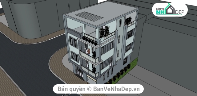 Phương án thiết kế nhà phố 3.5 tầng,Phương án thiết kế nhà phố 3.5 tầng KT 7.5x11.4m,File sketchup và mặt bằng nhà phố 3.5T