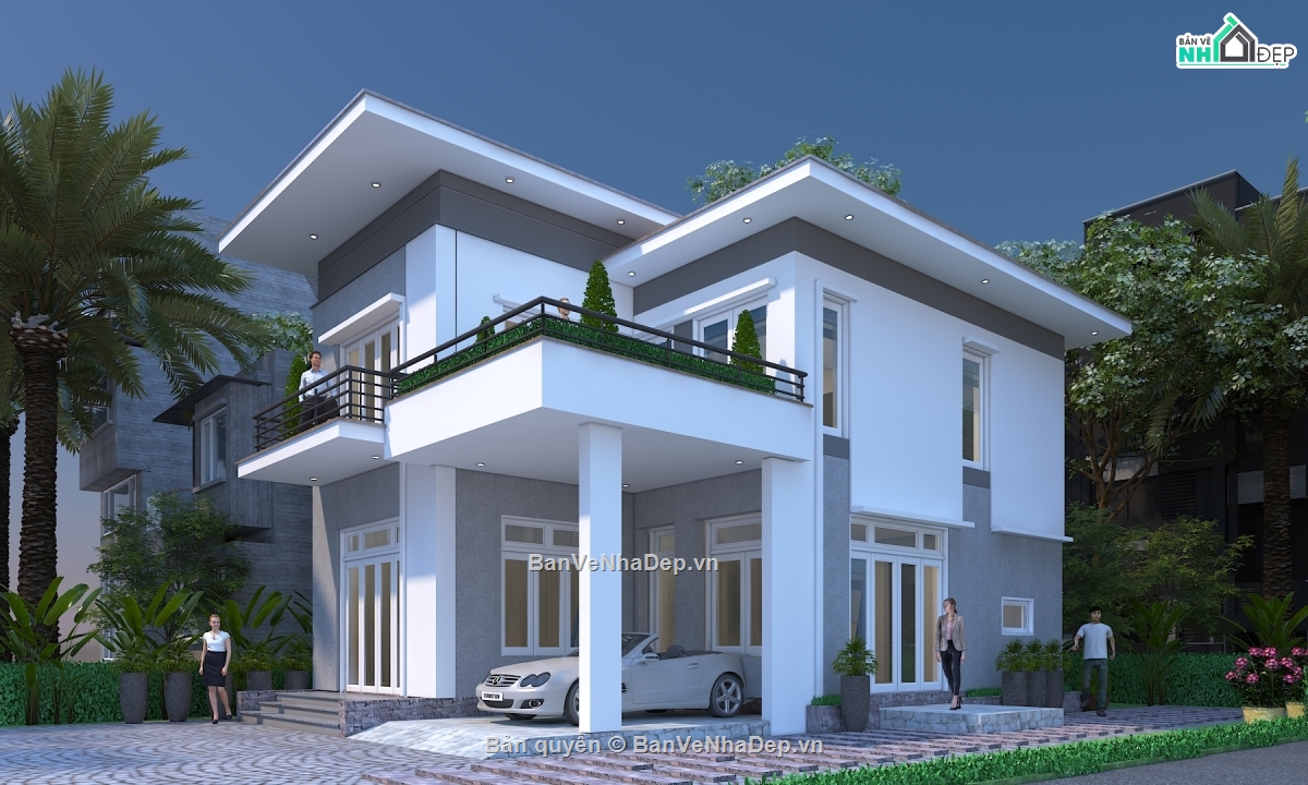 biệt thự 2 tầng,cad biệt thự,hiện đại