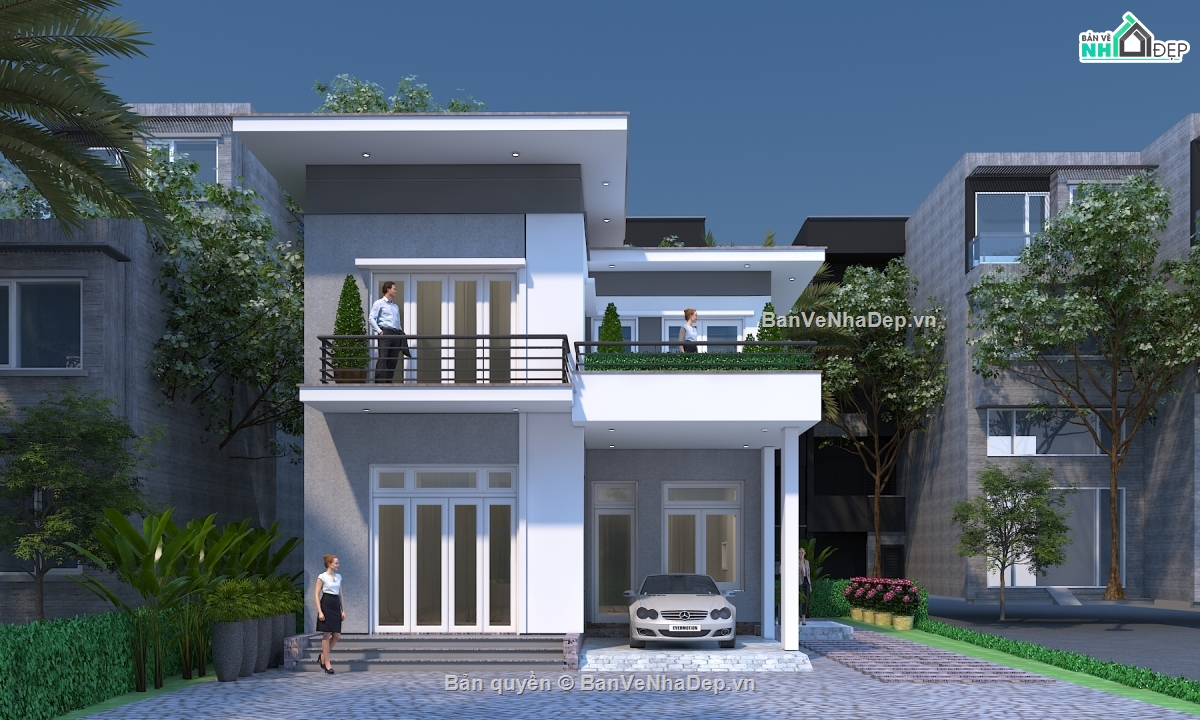 biệt thự 2 tầng,cad biệt thự,hiện đại