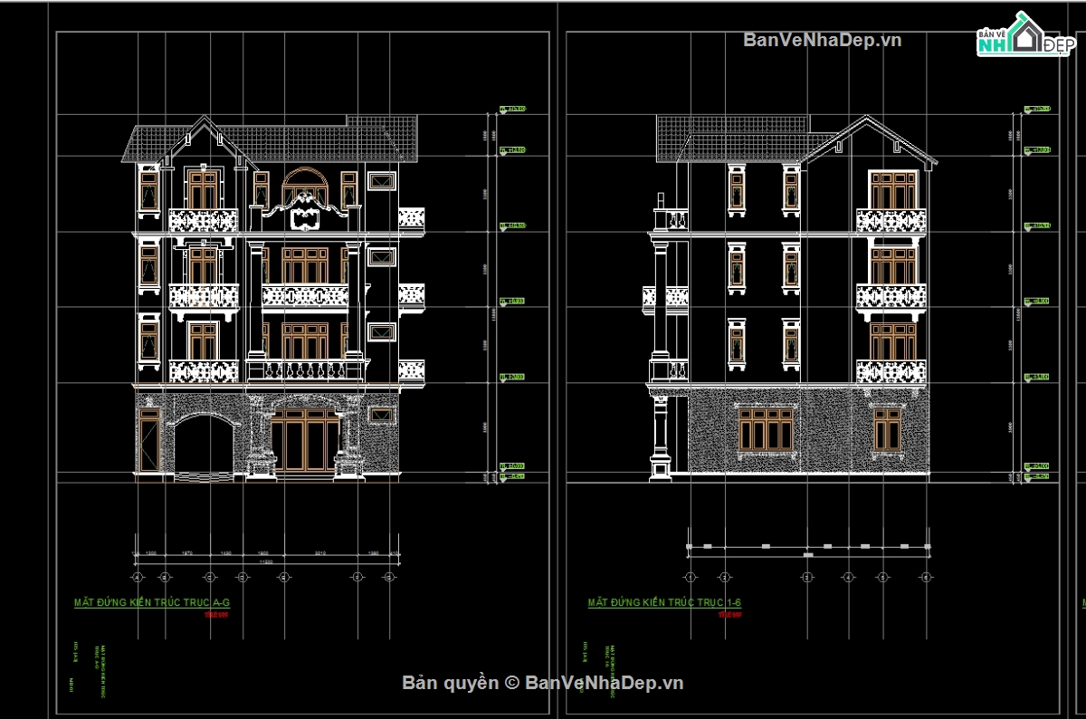 Bản vẽ kiến trúc biệt thự,file cad kiến trúc,biệt thự tân cổ