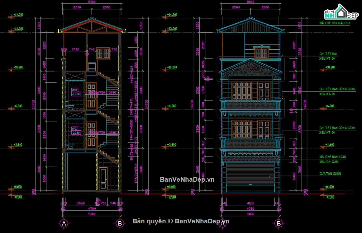 Bản vẽ kiến trúc nhà phố,nhà phố tân cổ điển,thiết kế nhà phố 5x13m