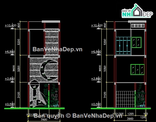 Bản vẽ CAD mẫu nhà phố 3 tầng 4x16m