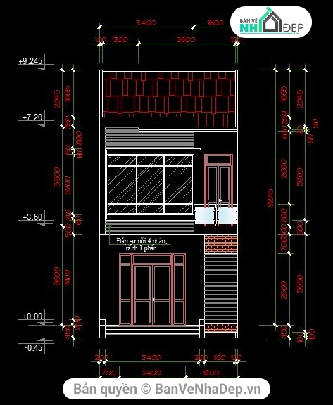 Bản vẽ cad thiết kế nhà phố 2 tầng kích thước 5x14.5m gồm full: KT ...