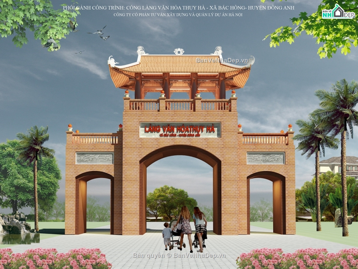 Bản vẽ thiết kế mẫu cổng làng 3 tầng đẹp