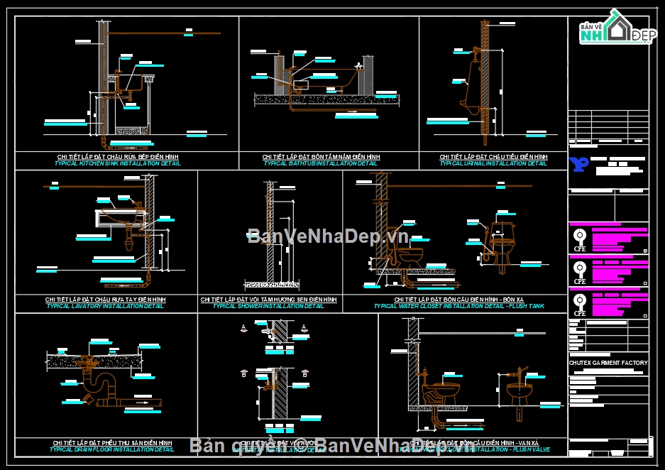 Bản vẽ Chi tiết Plumbing,Chi tiết lắp đặt cấp thoát nước,hệ thống cấp thoát nước