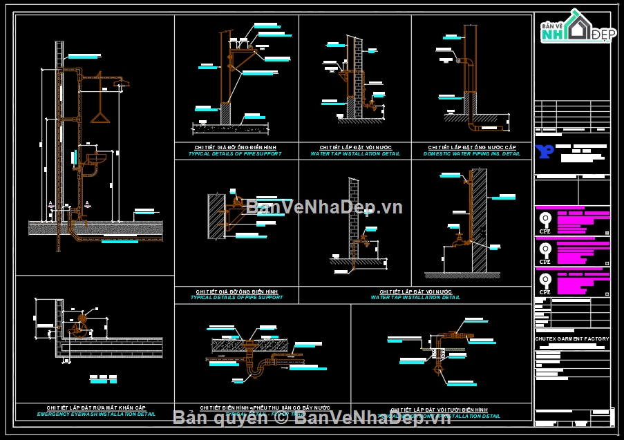 Bản vẽ Chi tiết Plumbing,Chi tiết lắp đặt cấp thoát nước,hệ thống cấp thoát nước