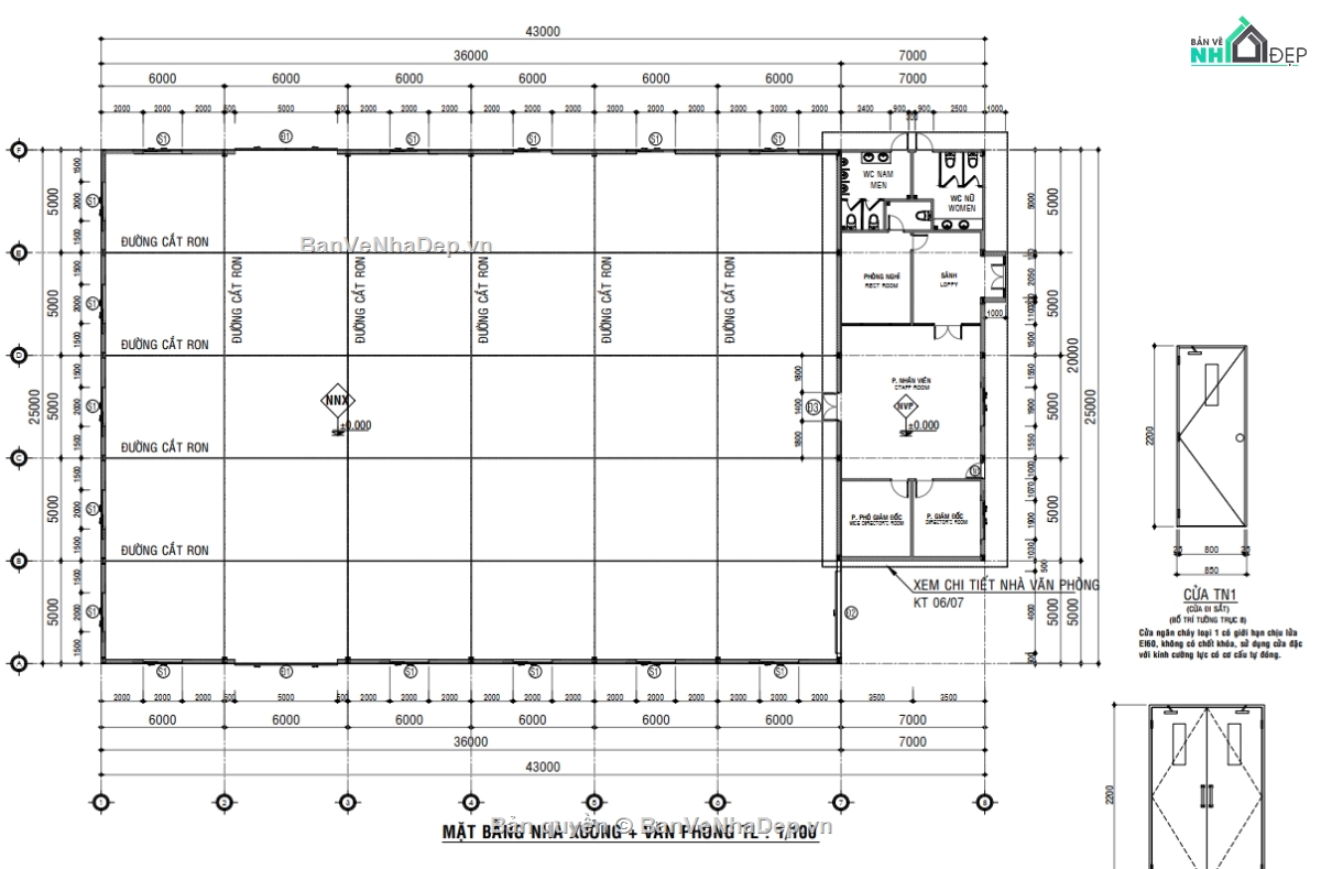 nhà xưởng kết hợp văn phòng,thẩm duyệt PCCC,bản vẽ nhà xưởng 25x43m