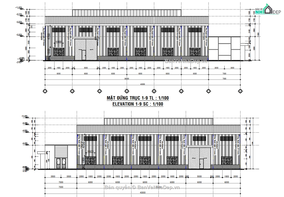 nhà xưởng kết hợp văn phòng,thẩm duyệt PCCC,bản vẽ nhà xưởng 25x43m