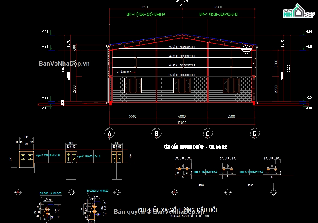 cad nhà xưởng,Bản vẽ thi công,nhà xưởng,kho nhà xưởng,Bản vẽ nhà kho,nhà xưởng rộng 17m