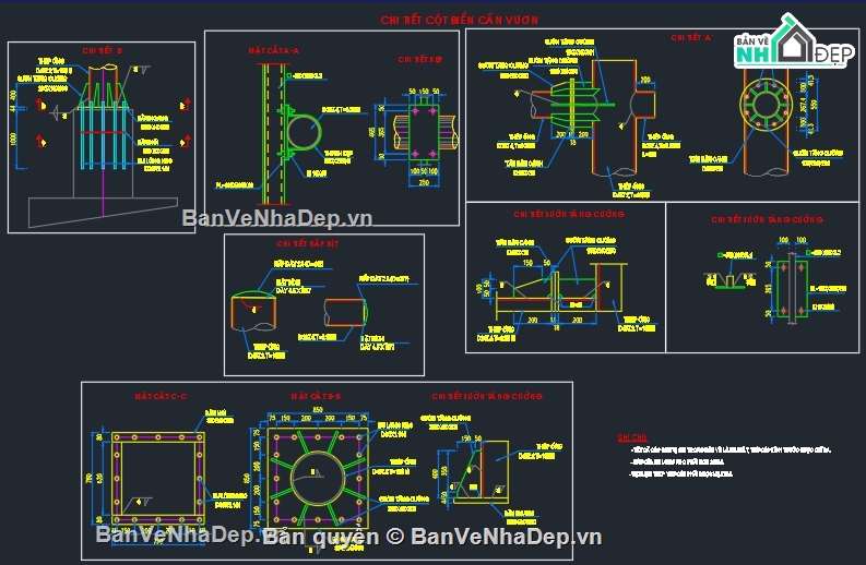 chi tiết cột,chi tiết biển báo,Kết cấu cột tay vươn,cột tay vươn biển báo