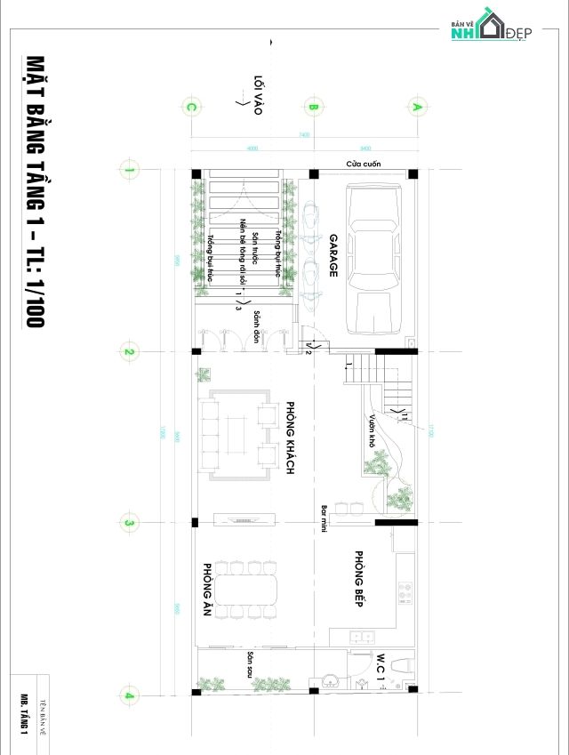 biệt thự 3 tầng,nhà phố 3 tầng,nhà 3 tầng,biệt thự 3 tầng 7.4×17.2m,bản vẽ nhà phố 3 tầng