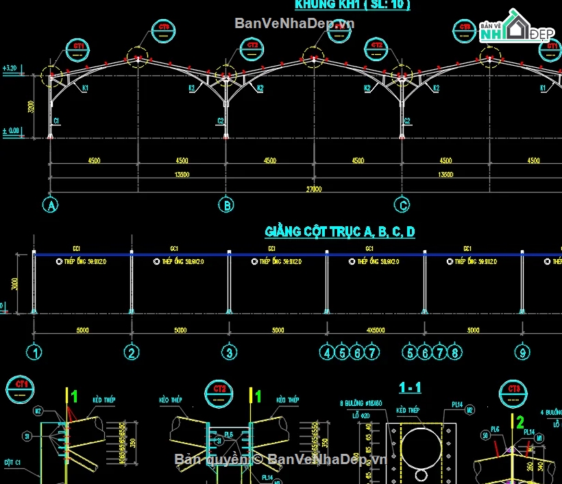 nhà để xe 3 khoang,nhà để xe file cad,file cad nhà để xe