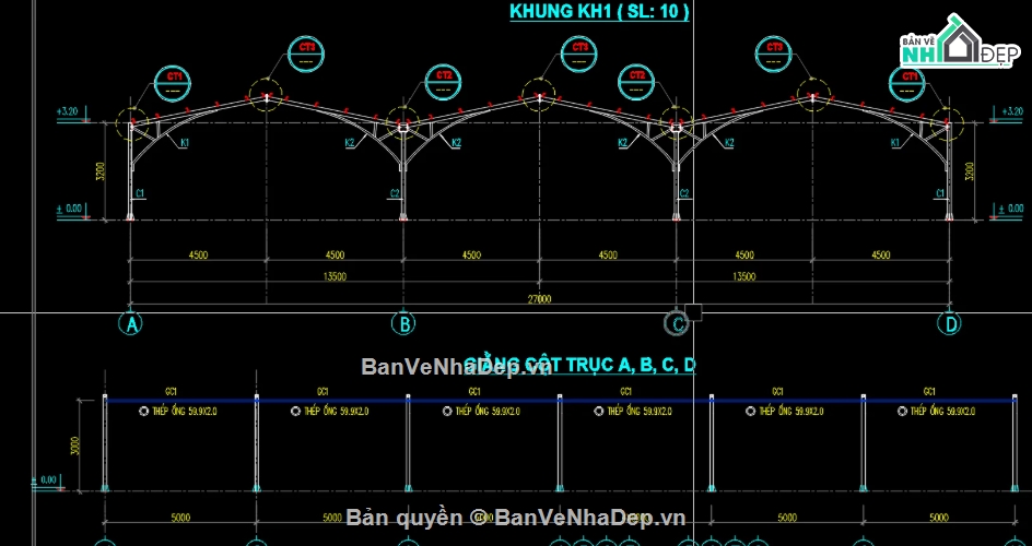 nhà để xe 3 khoang,nhà để xe file cad,file cad nhà để xe