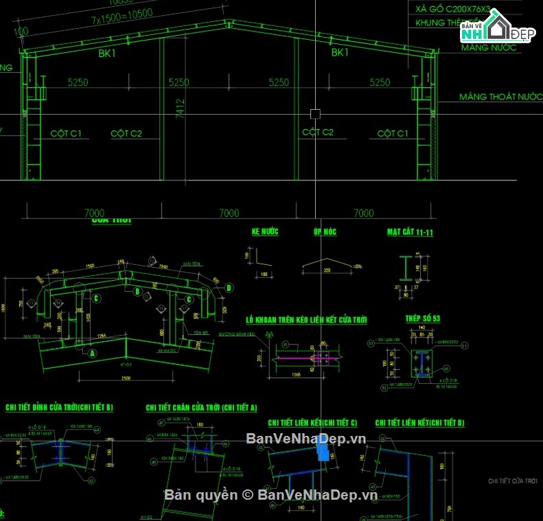 Bản vẽ cột kèo nhà xưởng 21m,Bản vẽ cửa nóc gió nhà xưởng,Bản vẽ dầm cầu trục nhà xưởng,Bản vẽ kết cấu nhà xưởng 21m