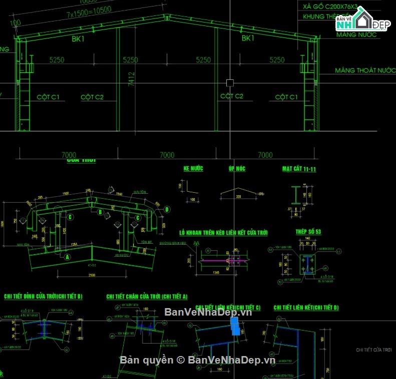 Bản vẽ cột kèo nhà xưởng 21m,Bản vẽ cửa nóc gió nhà xưởng,Bản vẽ dầm cầu trục nhà xưởng,Bản vẽ kết cấu nhà xưởng 21m