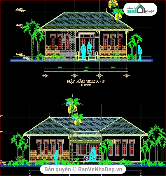 kiến trúc Biệt thự,biệt thự 1 tầng,nhà trệt mái thái,biệt thự vườn,Bản vẽ biệt thự vườn