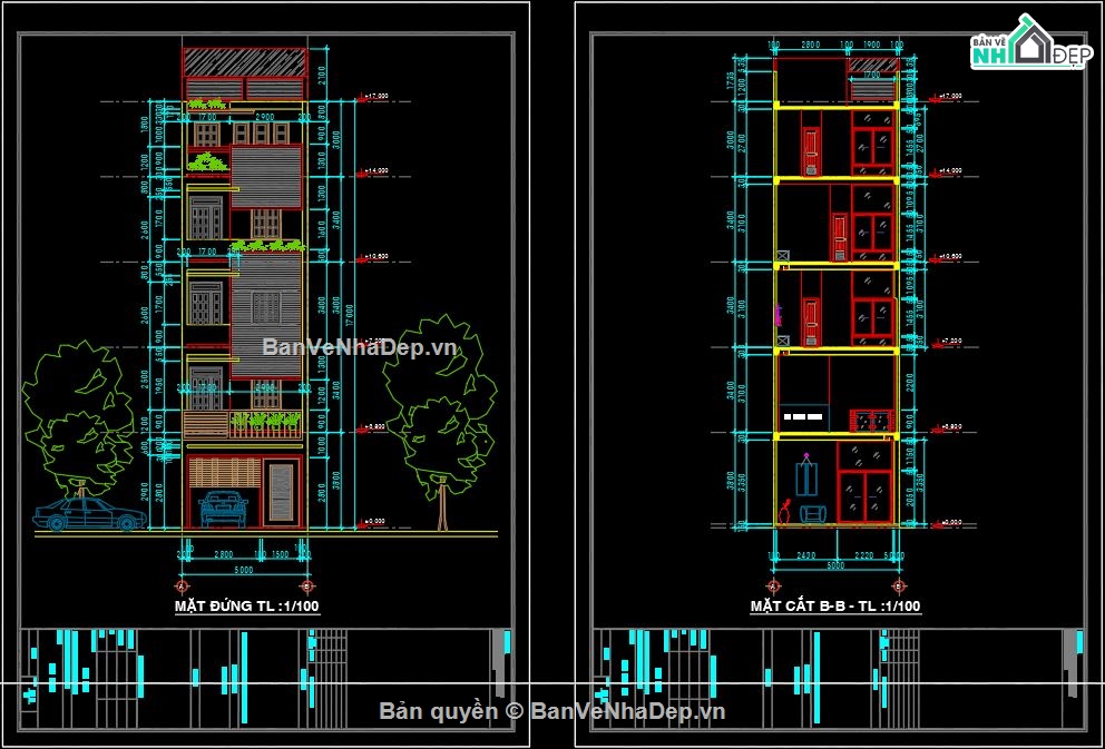 Bản vẽ kiến trúc file cad nhà phố 5 tầng 5x15.5m (.dwg)
