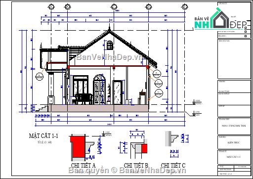 Bản vẽ kiến trúc Nhà,kiến trúc mái thái,mái thái,Nhà thái,kiến trúc một tầng