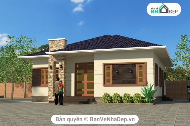 Biệt thự vườn 1 tầng,Biệt thự vườn 1 tầng 3 phòng ngủ,mẫu biệt thự,bản vẽ biệt thự trệt,biệt thự vườn 1 tầng 12x12m