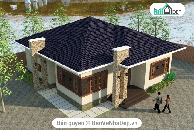 Biệt thự vườn 1 tầng,Biệt thự vườn 1 tầng 3 phòng ngủ,mẫu biệt thự,bản vẽ biệt thự trệt,biệt thự vườn 1 tầng 12x12m