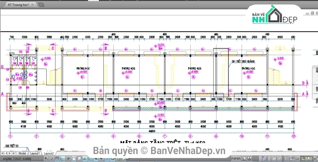 bản vẽ trường học 3 tầng,trường học 3  tầng 9x44.5m,Kiến trúc trường học 3 tầng