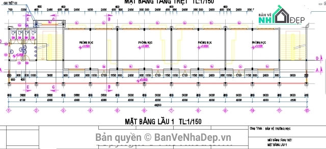 bản vẽ trường học 3 tầng,trường học 3  tầng 9x44.5m,Kiến trúc trường học 3 tầng