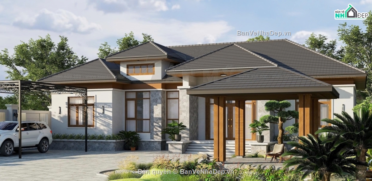 1 tầng mái nhật,nhà 1 tầng,biệt thự 1 tầng mái nhật,file cad biệt thự 1 tầng