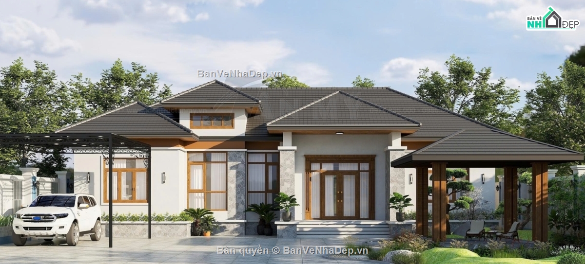 1 tầng mái nhật,nhà 1 tầng,biệt thự 1 tầng mái nhật,file cad biệt thự 1 tầng