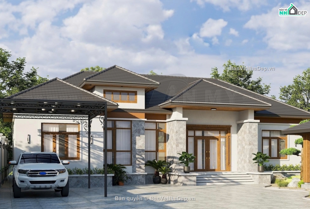 1 tầng mái nhật,nhà 1 tầng,biệt thự 1 tầng mái nhật,file cad biệt thự 1 tầng