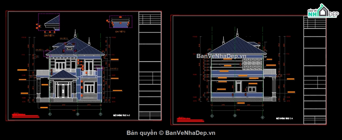Biệt thự 2 tầng mái nhật,file cad biệt thự 2 tầng,bản vẽ biệt thự 2 tầng