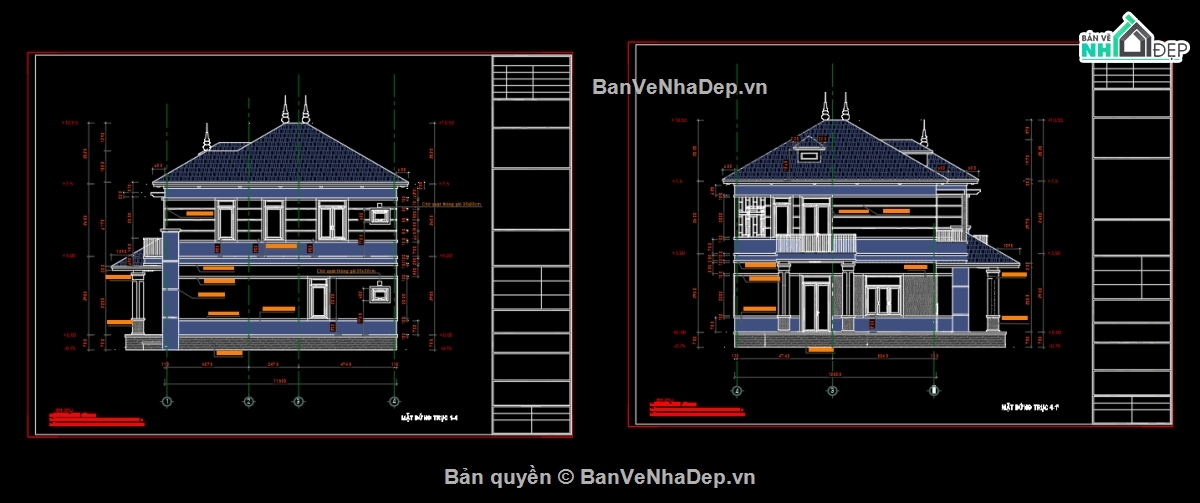 Biệt thự 2 tầng mái nhật,file cad biệt thự 2 tầng,bản vẽ biệt thự 2 tầng