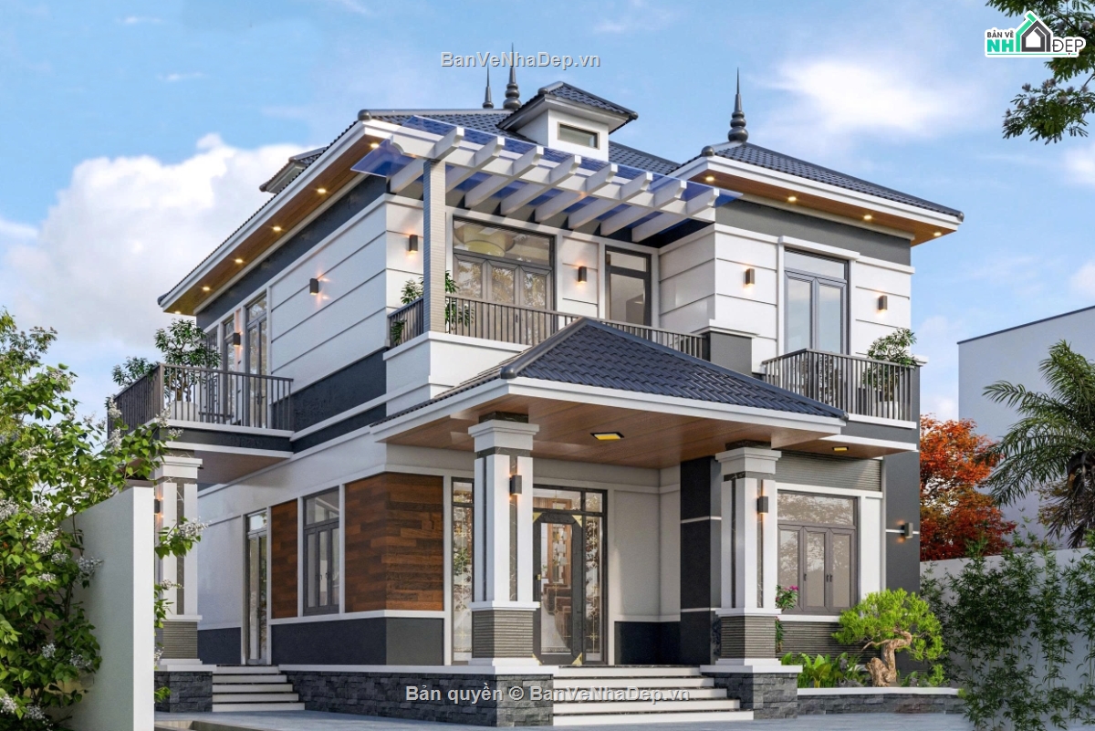 Biệt thự 2 tầng mái nhật,file cad biệt thự 2 tầng,bản vẽ biệt thự 2 tầng