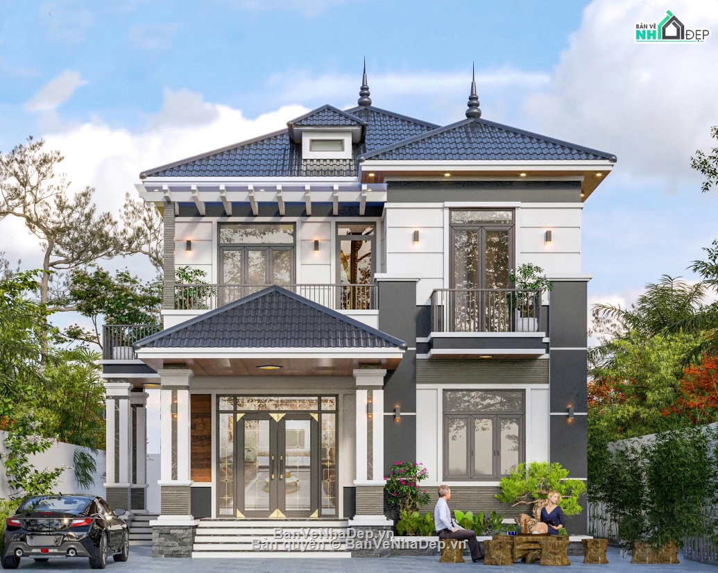 Biệt thự 2 tầng mái nhật,file cad biệt thự 2 tầng,bản vẽ biệt thự 2 tầng