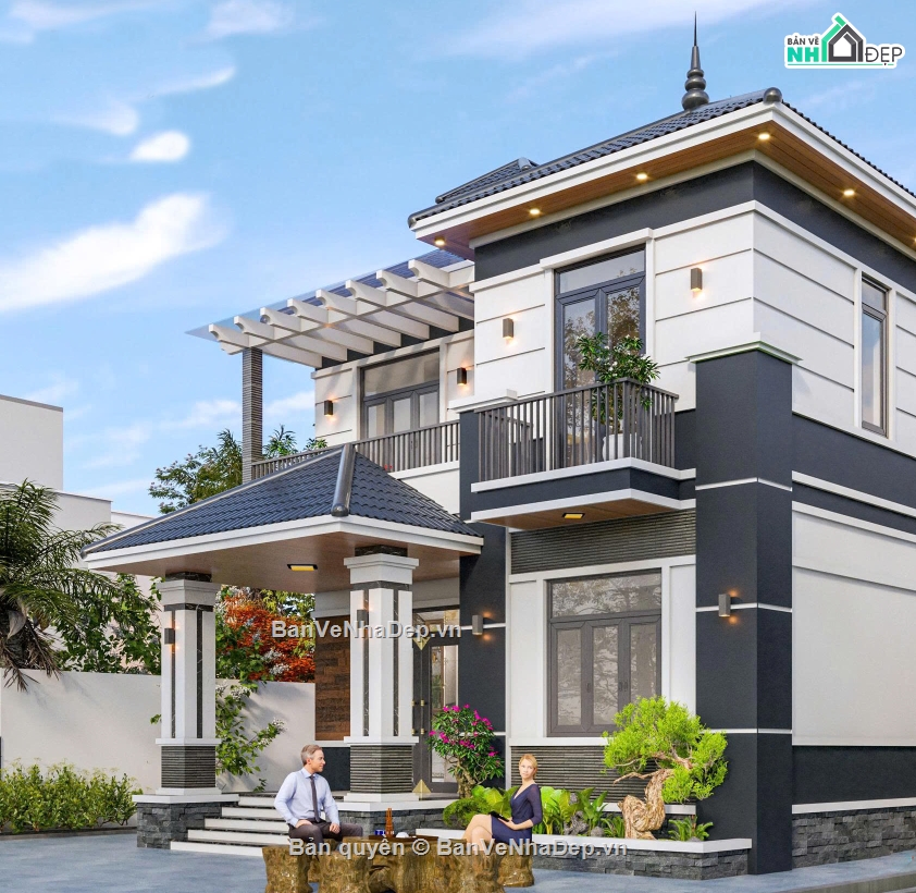 Biệt thự 2 tầng mái nhật,file cad biệt thự 2 tầng,bản vẽ biệt thự 2 tầng