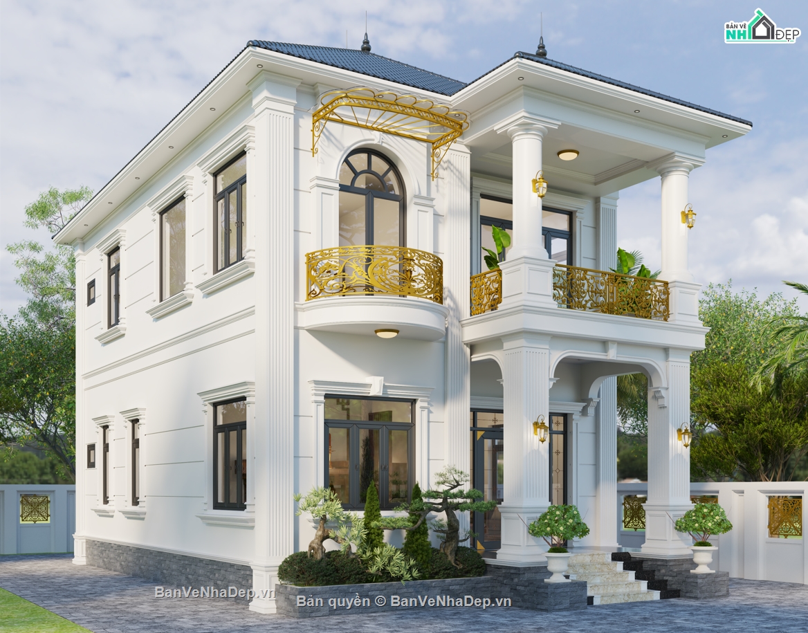 nhà 2 tầng,nhà 2 tầng mái nhật tân cổ,biệt thự 2 tầng mái nhật,bản vẽ biệt thự 2 tầng