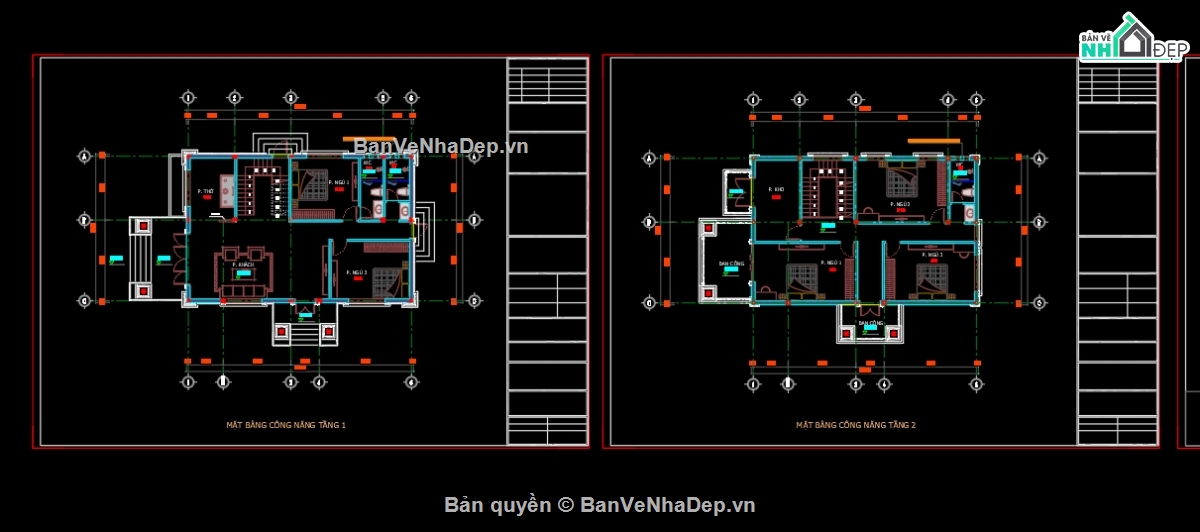 Biệt thự 2 tầng,Bản vẽ biệt thự 2 tầng,file cad biệt thự 2 tầng