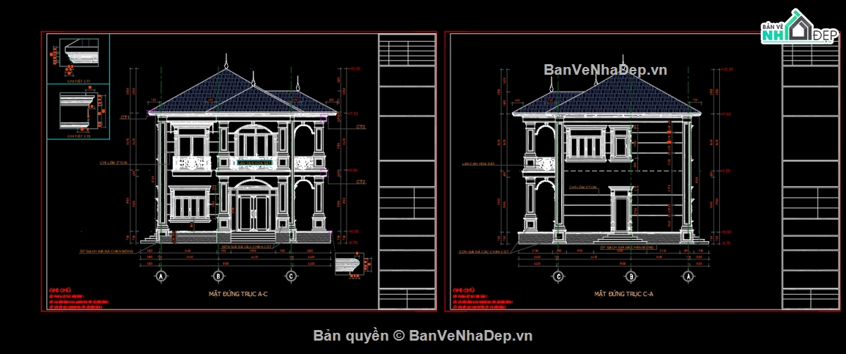 Biệt thự 2 tầng,Bản vẽ biệt thự 2 tầng,file cad biệt thự 2 tầng