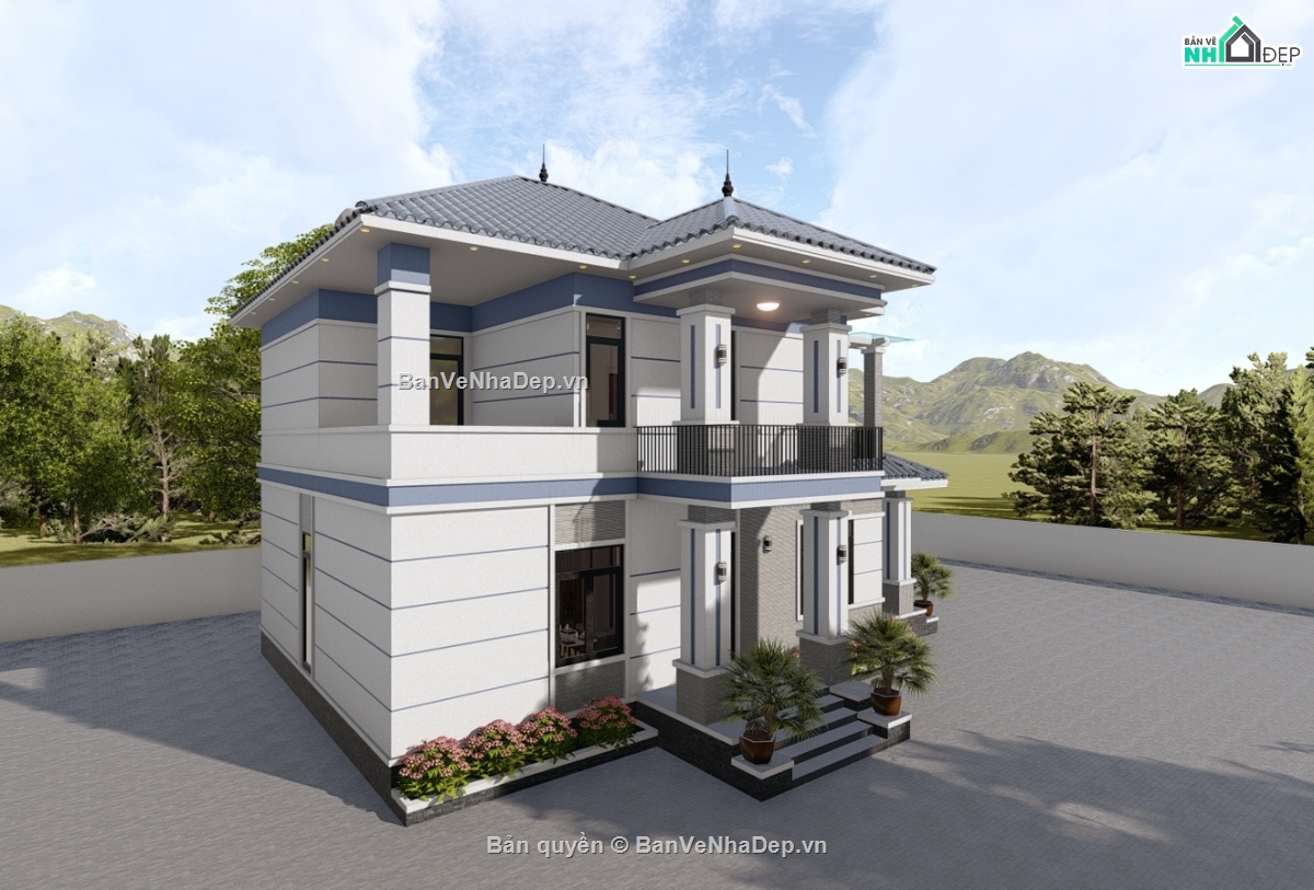 kiến trúc nhà 2 tầng,biệt thự 2 tầng,biệt thự 2 tầng mái nhật,bản vẽ biệt thự 2 tầng