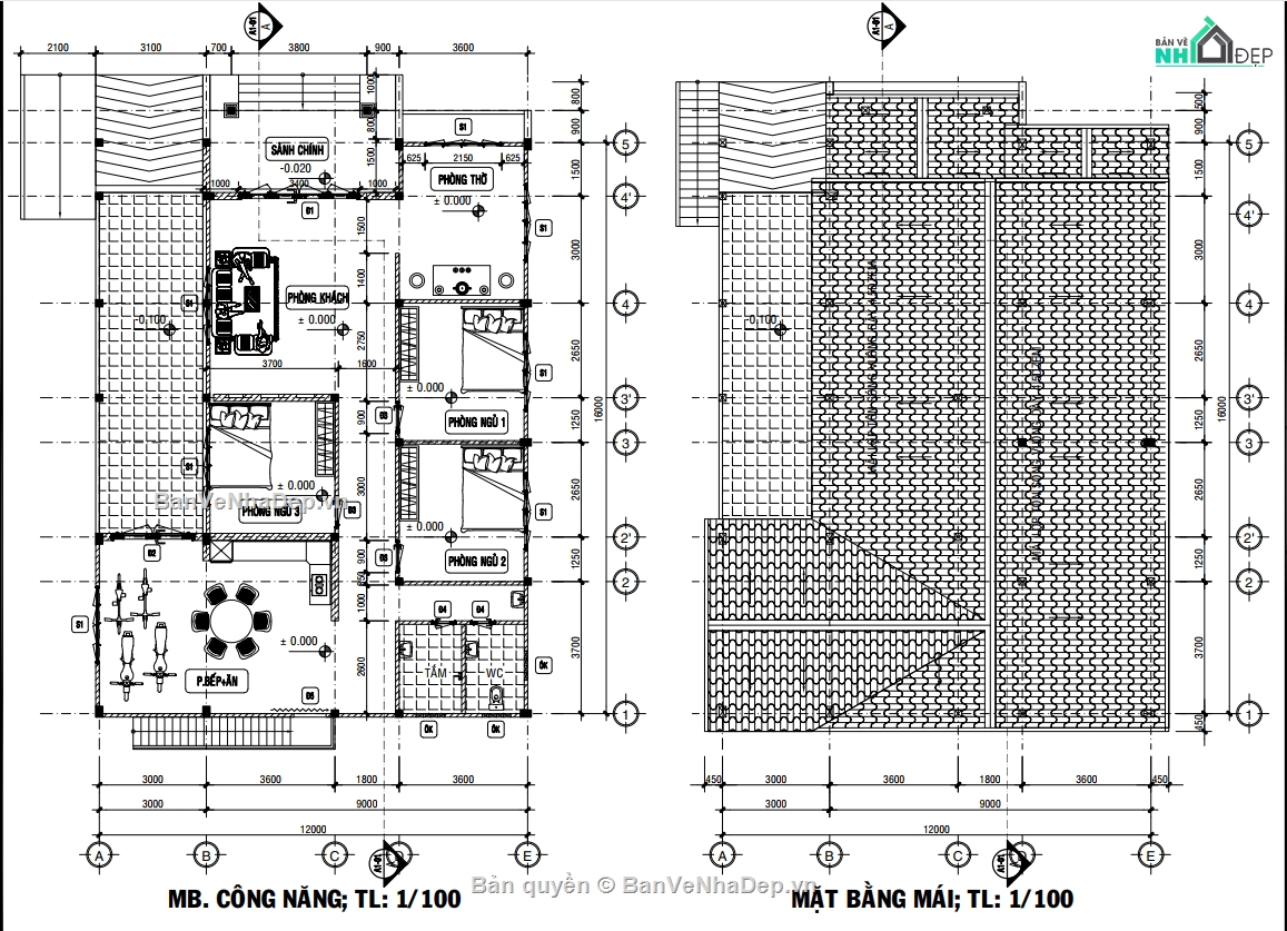 Bản vẽ biệt thự đẹp,Bản vẽ biệt thự 2 tầng đẹp,Bản vẽ biệt thự kích thước 12x16m