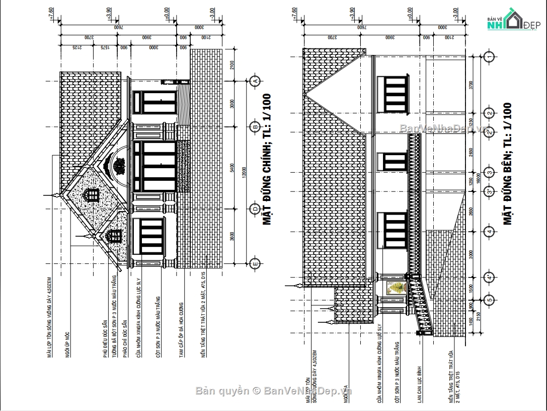 Bản vẽ biệt thự đẹp,Bản vẽ biệt thự 2 tầng đẹp,Bản vẽ biệt thự kích thước 12x16m