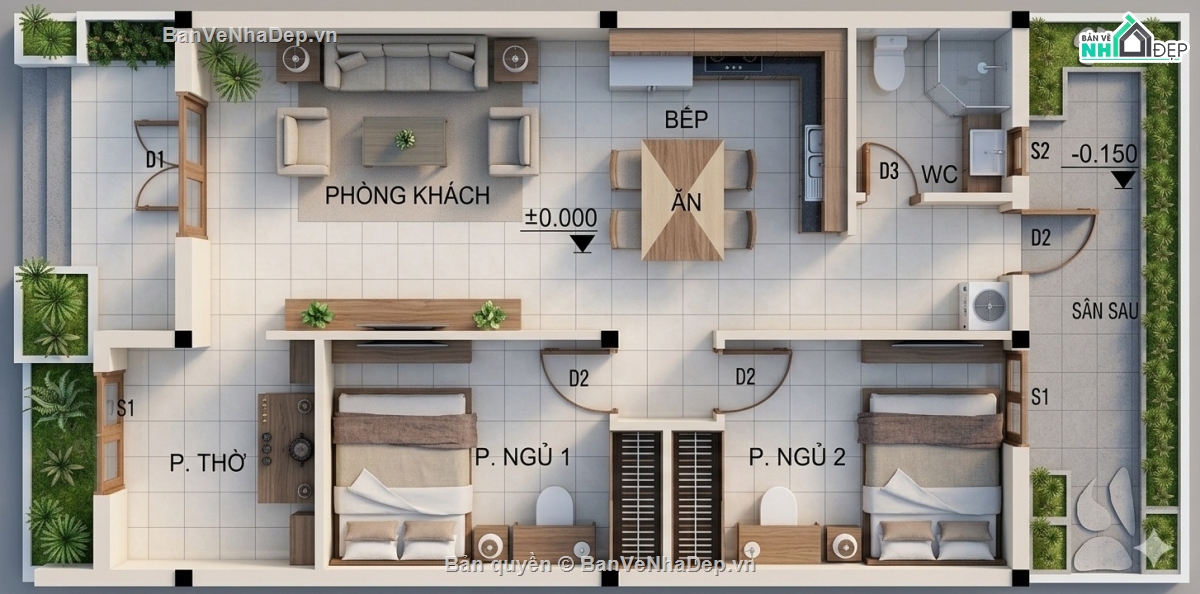 cad nhà phố,nhà phố 02 phòng ngủ,nhà phố hiện đại,tiểu cảnh sân vườn,nhà 1 tầng 7x14m
