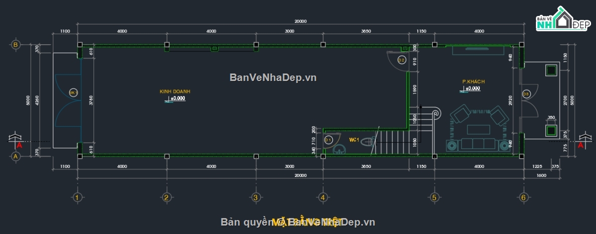 nhà phố 2 tầng 5x20m,nhà 2 tầng mái thái,Bản vẽ nhà phố 2 tầng mái thái 5x20m,bản vẽ nhà phố