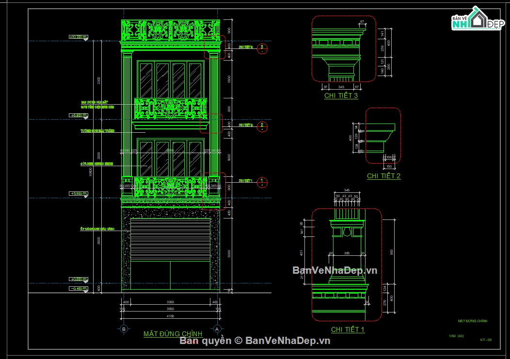 kiến trúc 3 tầng,nhà 3 tầng,Bản thiết kế nhà phố 3 tầng,tân cổ điển