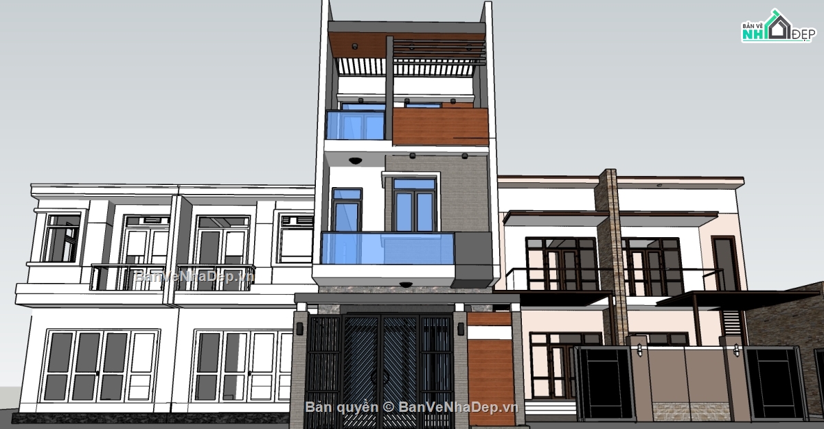 bản vẽ nhà 3 tầng 5x16m,bản vẽ 3d sketchup nhà phố,file cad thiết kế nhà phố 3 tầng,sketchup dựng nhà phố 3 tầng