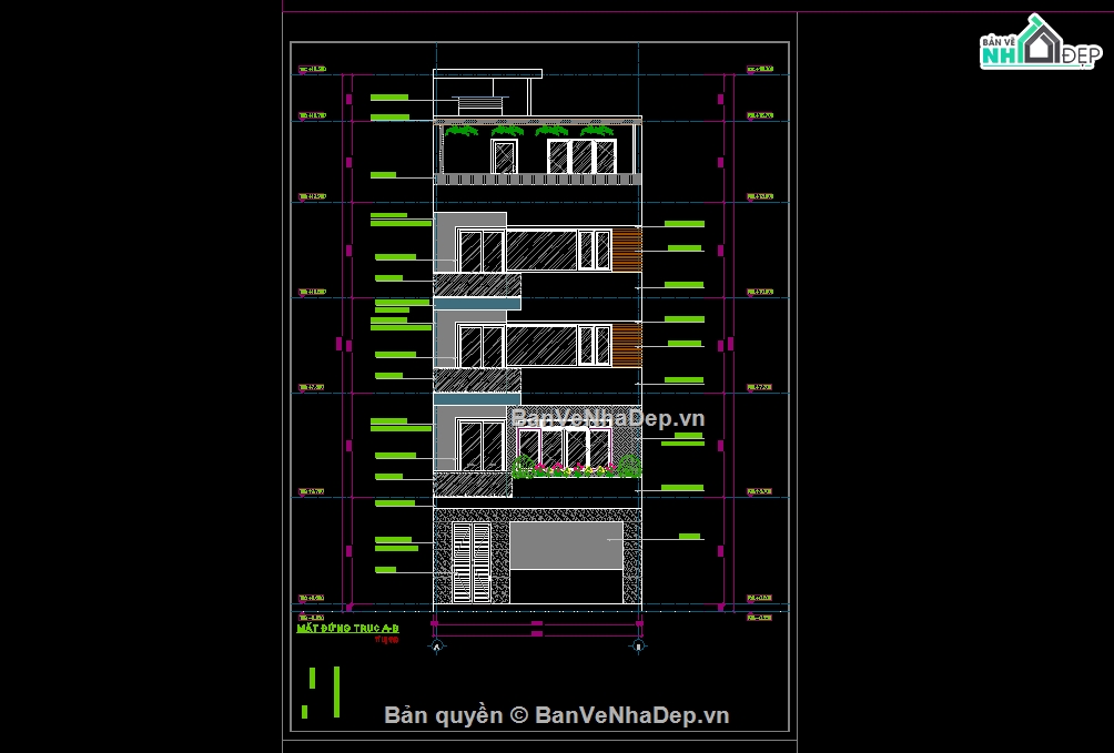 kiến trúc 4 tầng,cad nhà 4 tầng,cad nhà phố,bản vẽ nhà phố