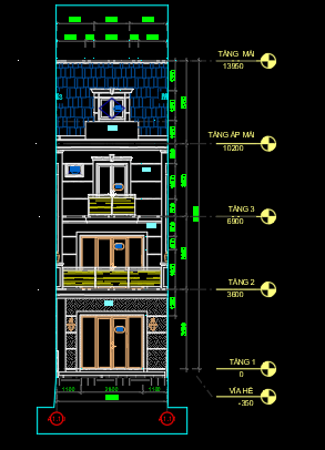 Bản vẽ nhà phố,điện nhà 4 tầng,Bản vẽ CAD nhà phố 4 tầng 5x16m ( kiến trúc,kết cấu,điện nước),kiến trúc 5 tầng