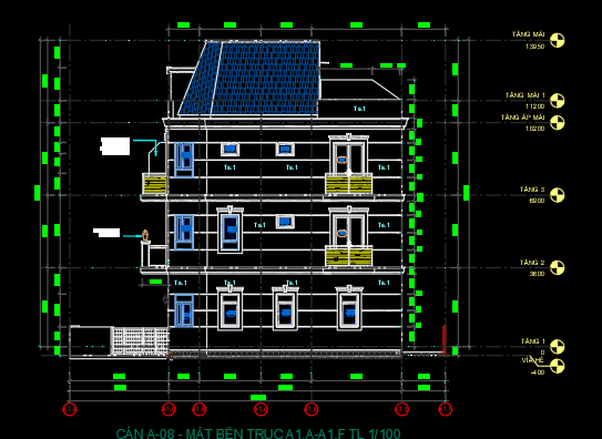 Bản vẽ nhà phố,điện nhà 4 tầng,Bản vẽ CAD nhà phố 4 tầng 5x16m ( kiến trúc,kết cấu,điện nước),kiến trúc 5 tầng